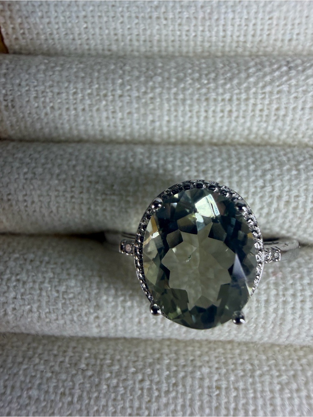 Oval Green Amethyst Gemstone with Diamond Accents Halo Ring in Sterling Silver